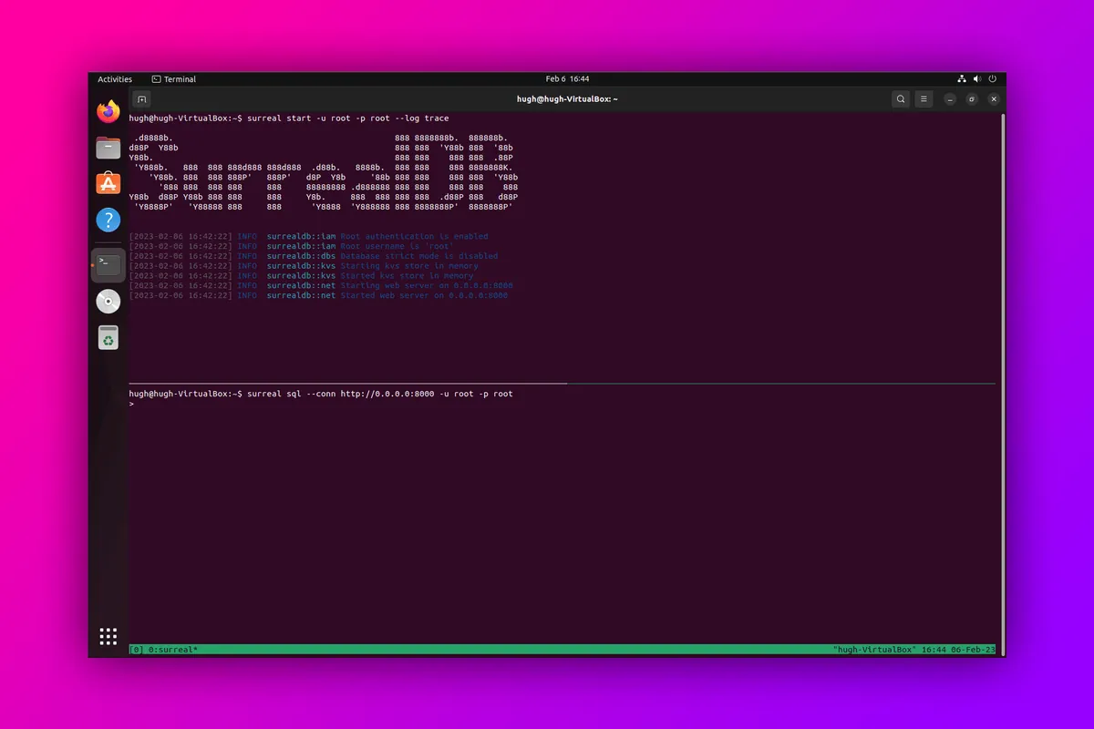Screenshot of tmux terminal where SurrealDB is launched in top panel and surreal REPL is in the bottom panel