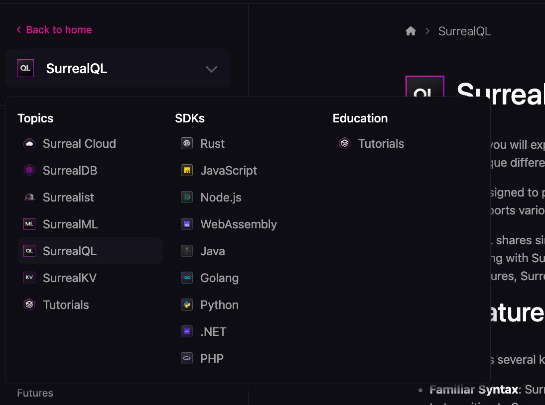 Documentation layout showing the new navigation structure