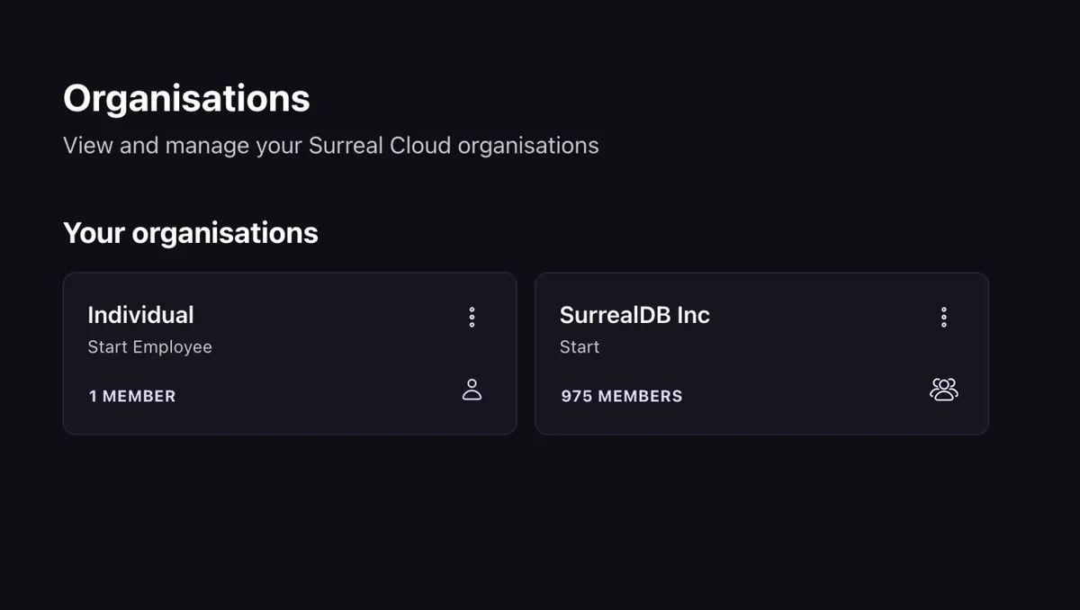 Organisations in Surreal Cloud