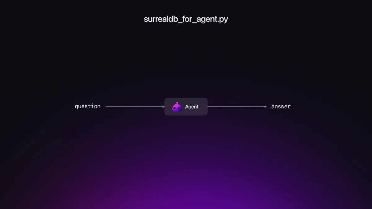 A diagram demonstrating the flow and types involved with the SurrealDB for agent example