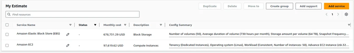 AWS bill calculator showing the estimate
